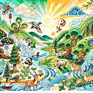 A lively illustration of a natural landscape inspired by ancient Chinese wisdom. The scene features colorful trees, flowing rivers, playful animals like birds and deer, all set under a bright sun, symbolizing harmony with nature. The vibrant colors of green, blue, and yellow create an energetic and whimsical atmosphere.