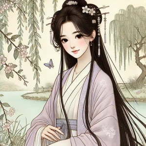 An illustration of a beautiful girl inspired by the Chinese classic Book of Songs (Shijing). She has graceful features, long flowing black hair with floral accessories, wearing a traditional robe in soft pastel colors, standing by a peaceful river with willow trees and blooming flowers.