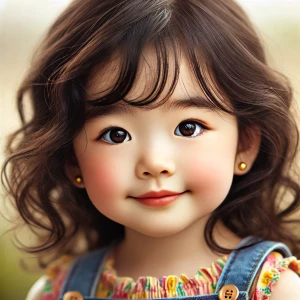 A 3-year-old Chinese girl with subtle Western features, curly black hair with hints of brown, and a cheerful expression. She is wearing colorful overalls, and her bright eyes and round face radiate innocence and joy.