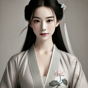 A classic Chinese beauty with long flowing black hair, wearing a traditional silk dress adorned with lotus embroidery, radiating wisdom and elegance.