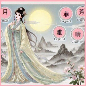 A classic Chinese beauty dressed in elegant traditional attire, standing beneath a full moon. Surrounding her are Chinese characters for popular girl names, including 月 (Moon), 芳 (Fragrant), 雅 (Elegant), and 晴 (Clear Sky). The landscape features misty mountains and blooming flowers, capturing a serene and poetic atmosphere.