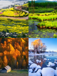 Four seasonal landscapes showcasing spring flowers, a green summer pond, autumn foliage, and a snowy winter scene.