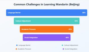 Funnel chart showing top challenges when learning Mandarin in Beijing: Language Barrier (68%), Cultural Adjustment (55%), Academic Pressure (45%), and Social Integration (40%)