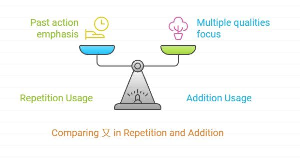 A balanced scale comparing the two primary uses of 又 in Mandarin: repetition usage for past action emphasis and addition usage for multiple qualities focus.