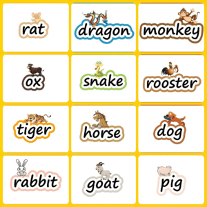 Chinese zodiac animals with English names and Chinese characters (hanzi) and pinyin - rat, dragon, monkey, ox, snake, rooster, tiger, horse, dog, rabbit, goat, and pig illustrated in colorful cartoon style