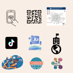 Icons representing modern technology, international culture, and daily convenience, including QR codes, AI, subway map, e-payments, and global communication for a summer camp in Beijing.