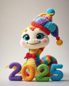 Cute crocheted baby dragon toy wearing colorful winter hat with rainbow numbers 2025, representing Chinese New Year mascot in amigurumi style